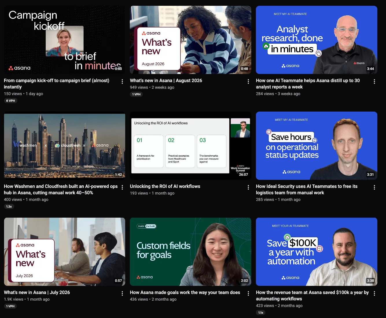 Asana recent YouTube uploads about product updates, AI case studies, and workflows