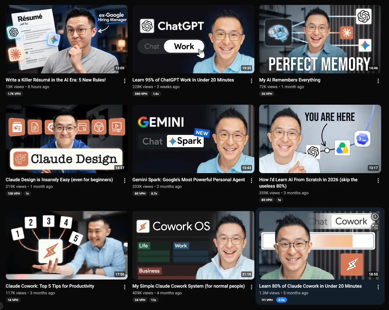 Jeff Su videos using title formulas and recognizable thumbnail elements