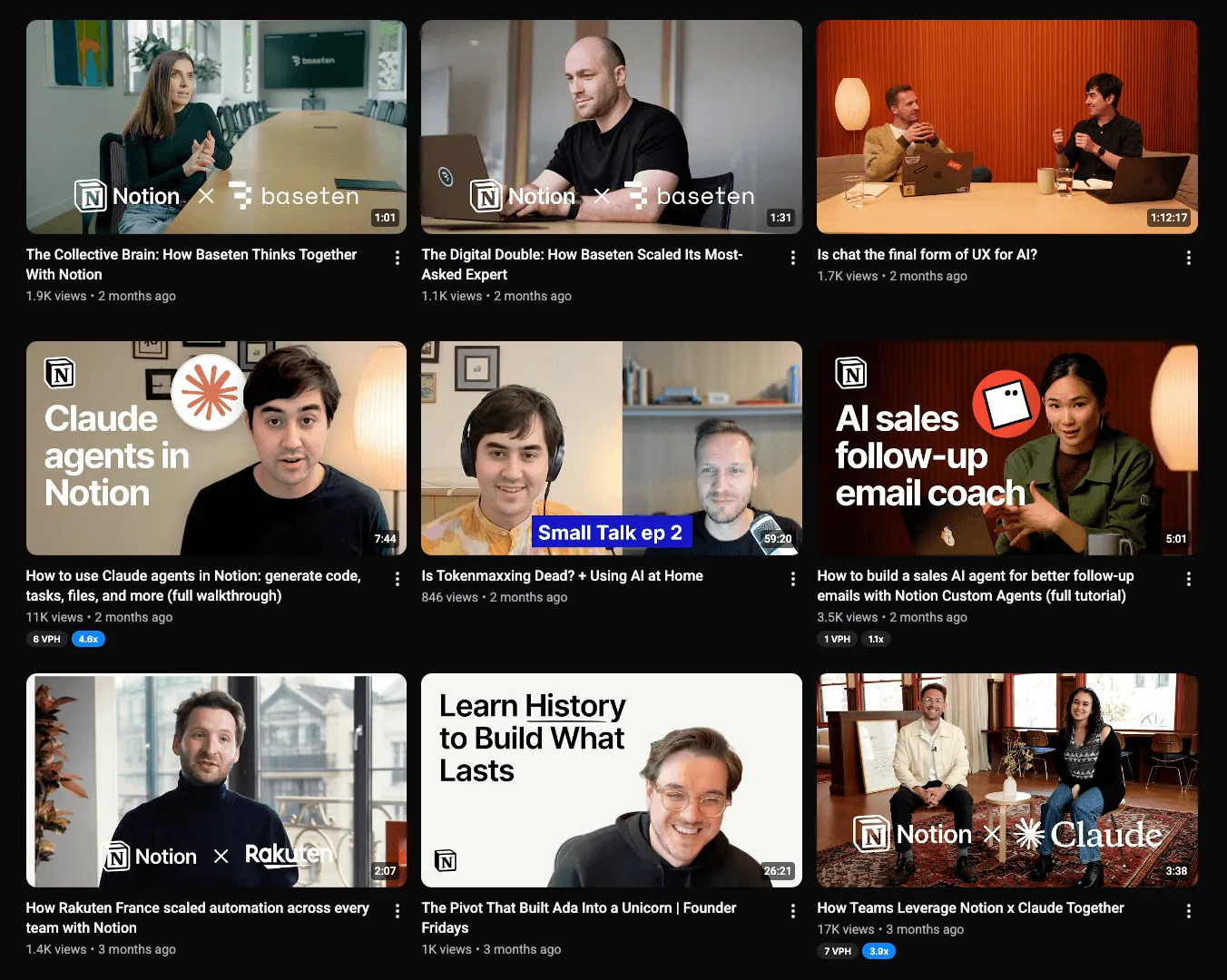 Notion YouTube video sample mixing AI discussions, tutorials, founder content, and customer stories