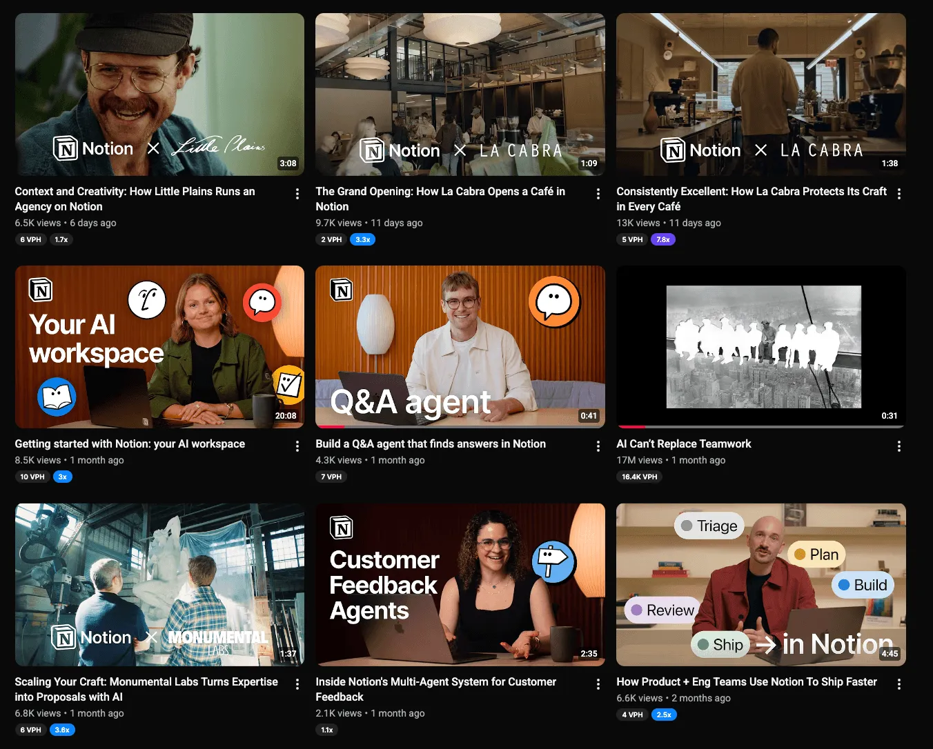 Notion recent YouTube uploads including customer stories, guides, ads, and tutorials