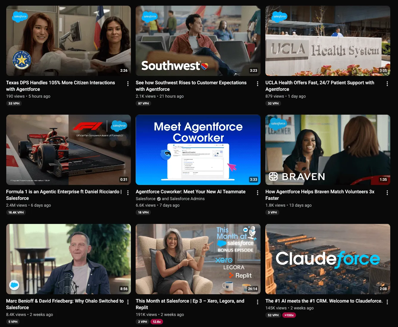 Salesforce recent YouTube uploads mixing customer stories, product videos, partnerships, and interviews