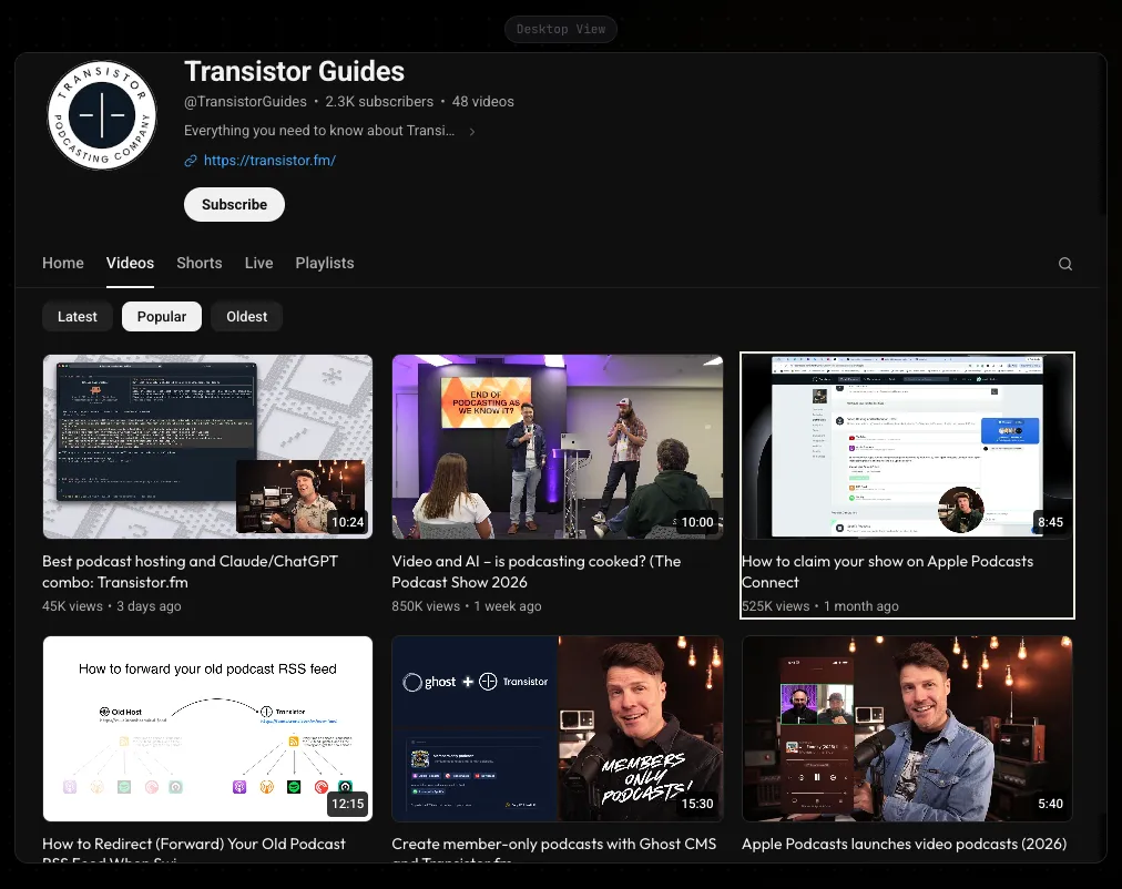 Transistor Guides channel mockup for product tutorials and customer education