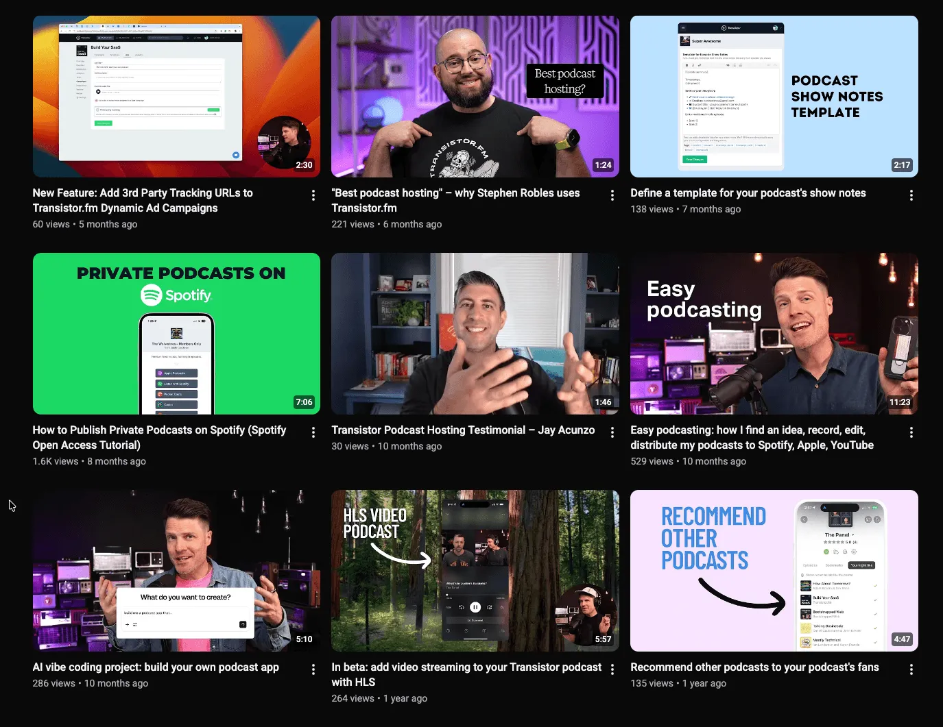 Transistor videos covering podcast advice, product updates, interviews, and events