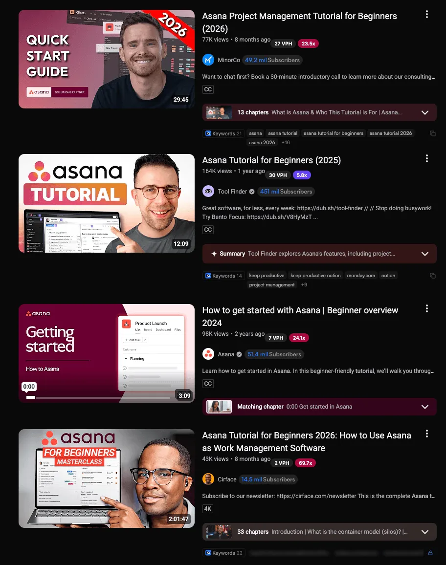 YouTube search results for Asana beginner tutorials