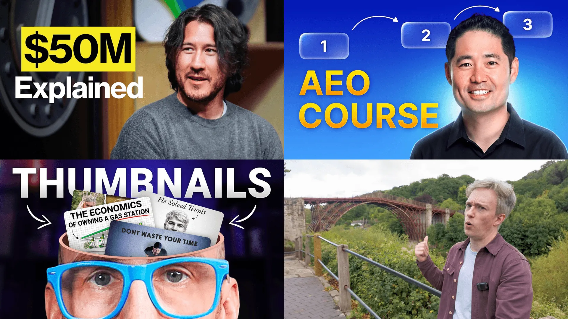 Recognizable thumbnail styles used by Ahrefs, vidIQ, and Tom Scott